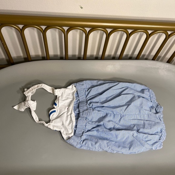 100% cotton Gymboree sailor inspired seersucker Striped romper w/ Pink Button s - Picture 4 of 7